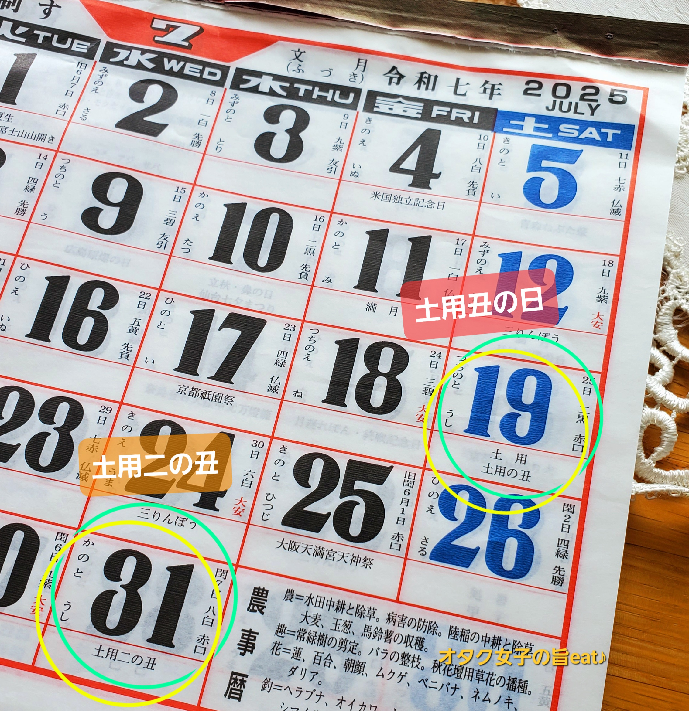 2025年7月カレンダー 土用丑の日・二の丑